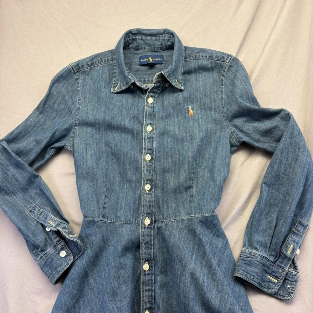 Ralph Lauren Girls Denim Shirt Dress Blue Long Sleeve‎ Belt Button Front Size 10